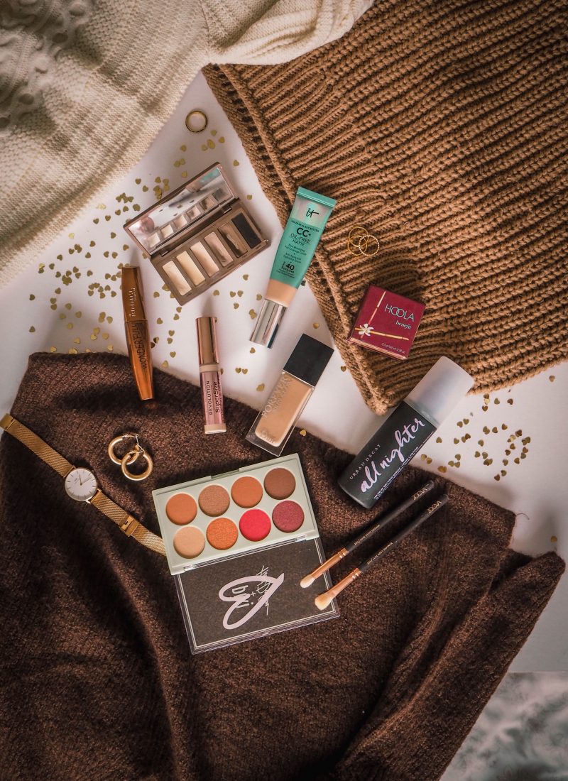 autumn make-up products flatlay
